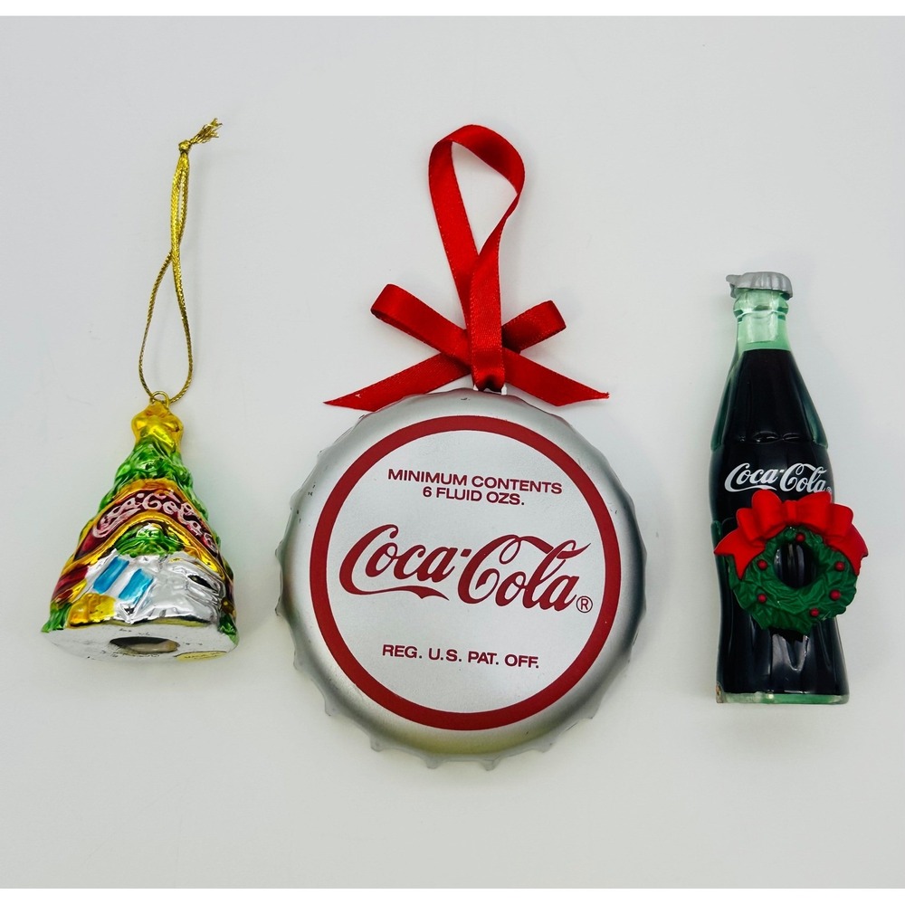 Coca-Cola Christmas Ornament Lot 1991 Bottle Cap Santa Bottle Tree 3pc Set